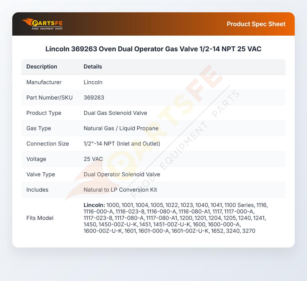 Lincoln 369263 Oven Dual Operator Gas Valve 1/2-14" NPT 25 VAC