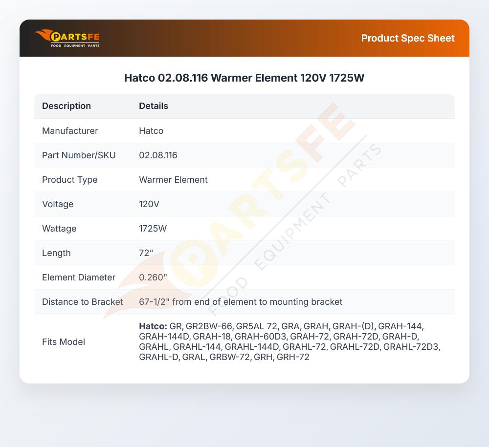 Hatco 02.08.116 Warmer Element 120V 1725W