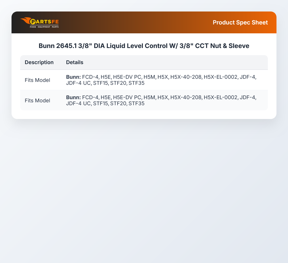 Bunn 2645.1 3/8" DIA Liquid Level Control W/ 3/8" CCT Nut & Sleeve