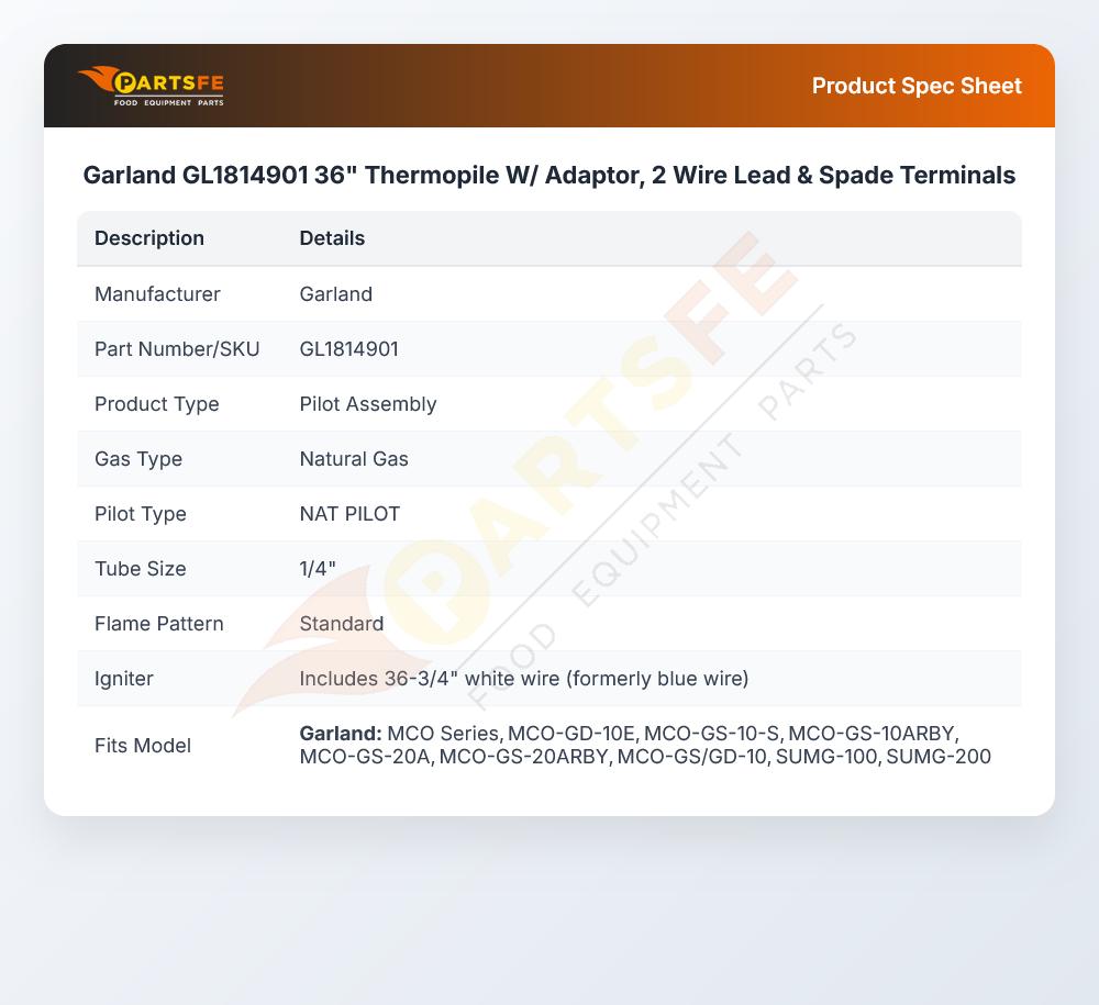 Garland GL1814901 Thermopile W/Adaptor 2 Wire Lead & Spade Terminals 36"