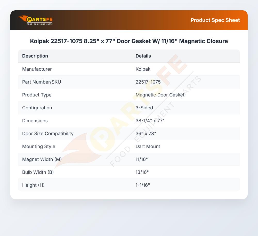 Kolpak 22517-1075 Door Gasket W/Magnetic Closure 8.25" X 77" X 11/16"