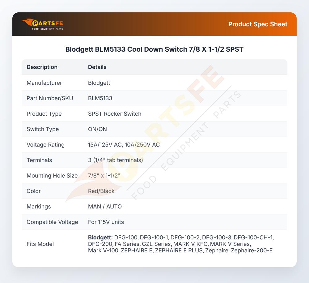 Blodgett BLM5133 Cool Down Switch 7/8 X 1-1/2 SPST