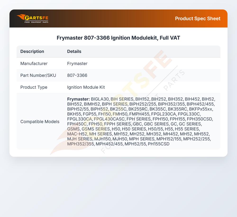 Frymaster 807-3366 Fryer Ignition Module Kit Full Vat