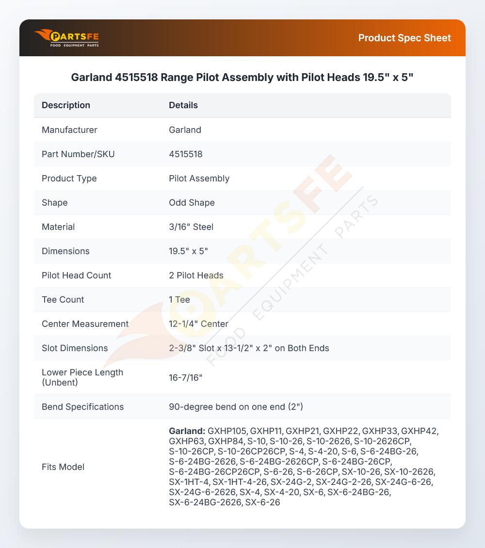 Garland 4515518 Range Pilot Assembly with Pilot Heads 19.5" x 5"