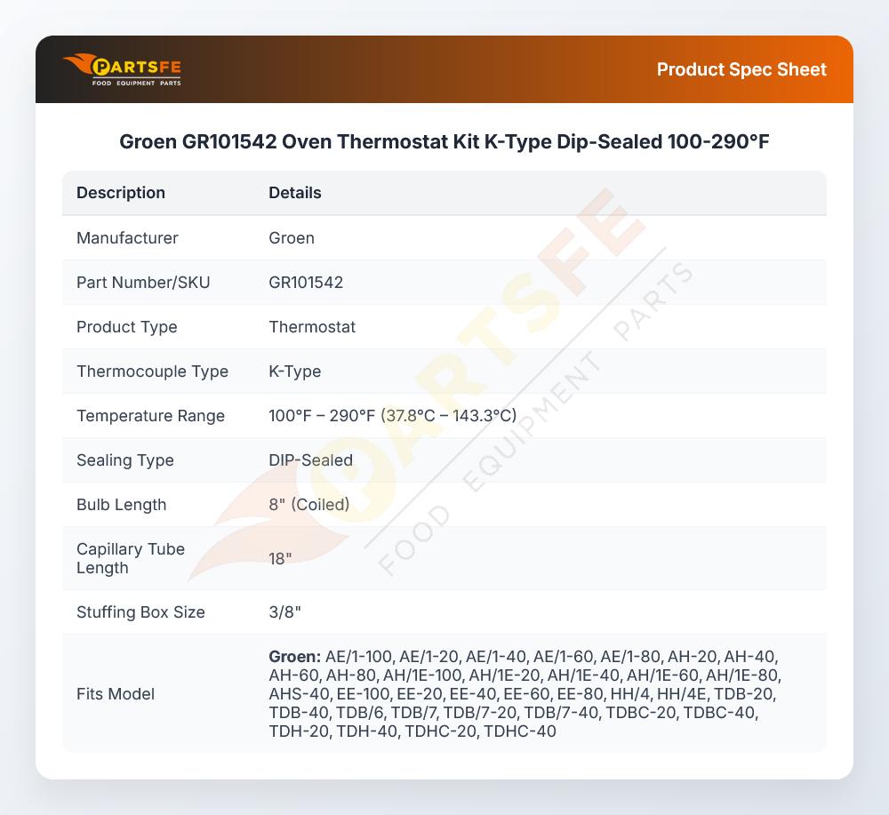 Groen GR101542 Oven Thermostat Kit  K-Type Dip-Sealed 100-290&deg;F