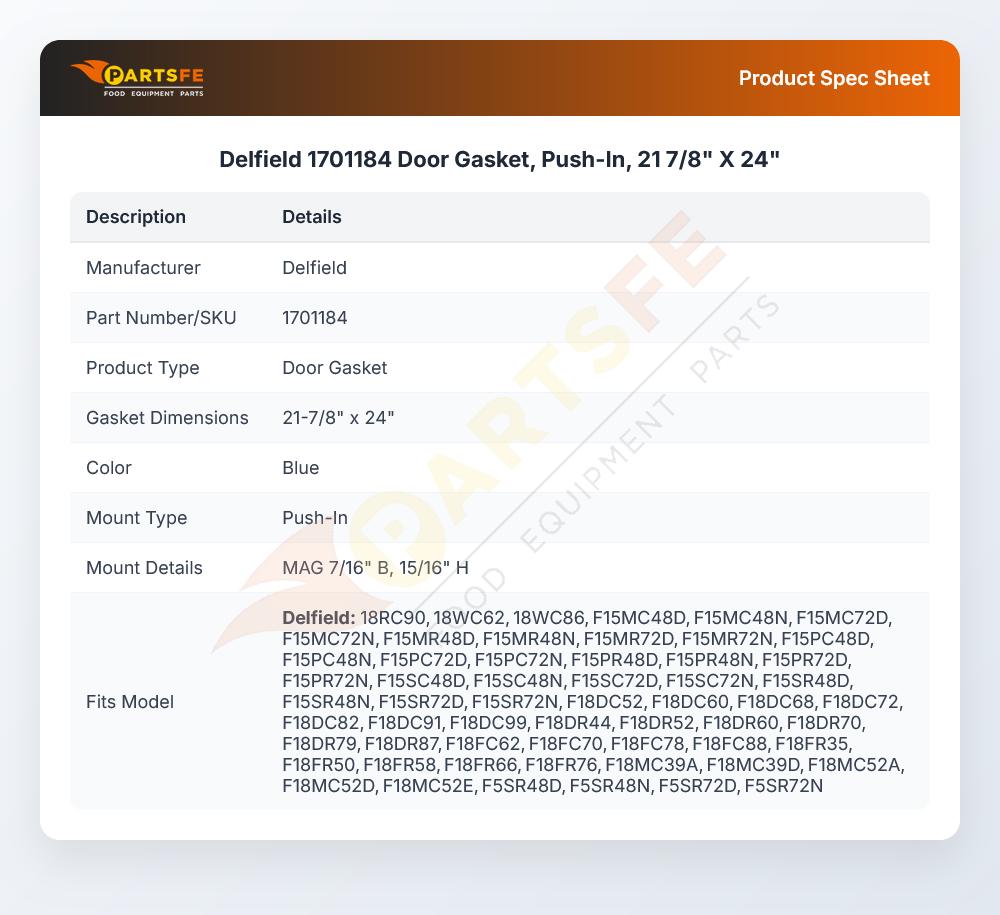 Delfield 1701184 Door Gasket, Push-In, 21-7/8" X 24"