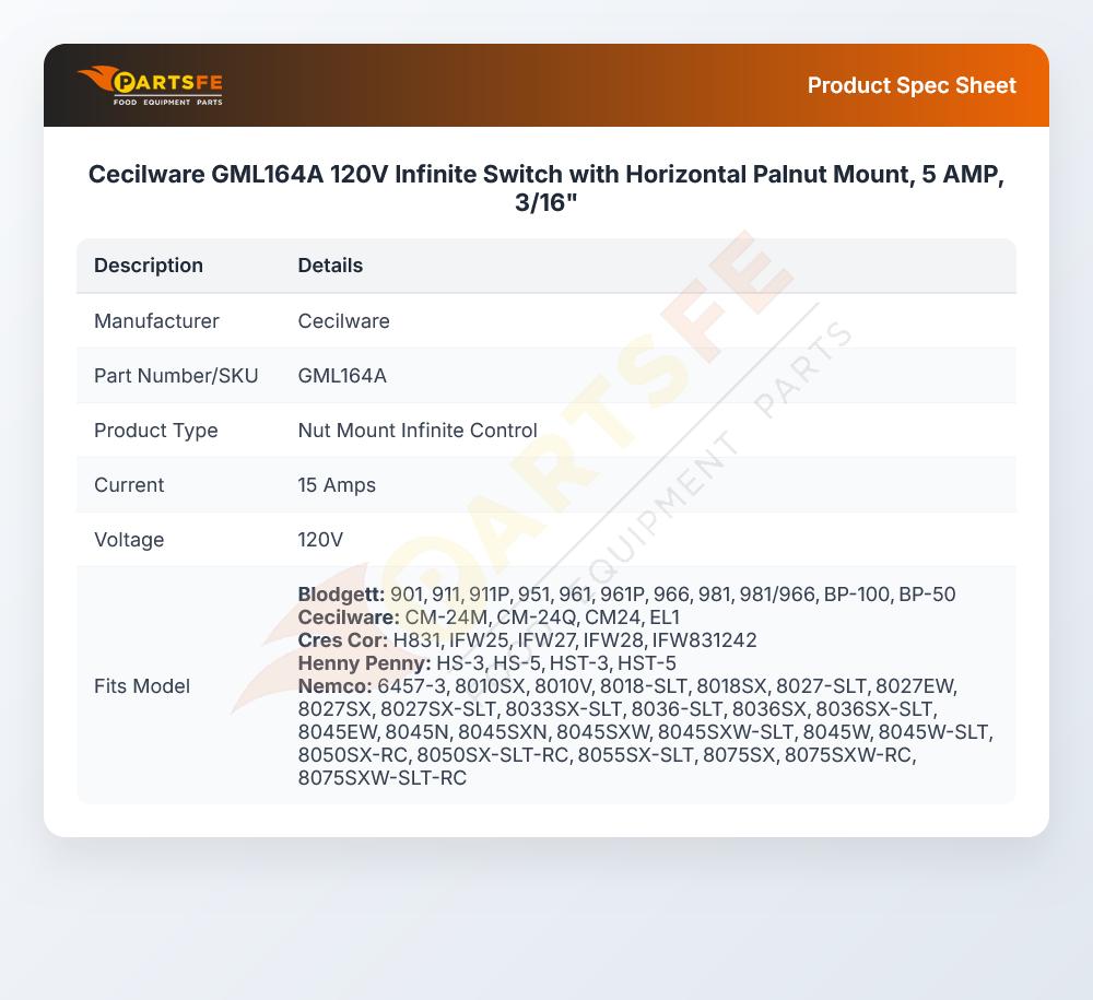 Cecilware GML164A 120V Infinite Switch with Horizontal Palnut Mount, 5 AMP, 3/16"