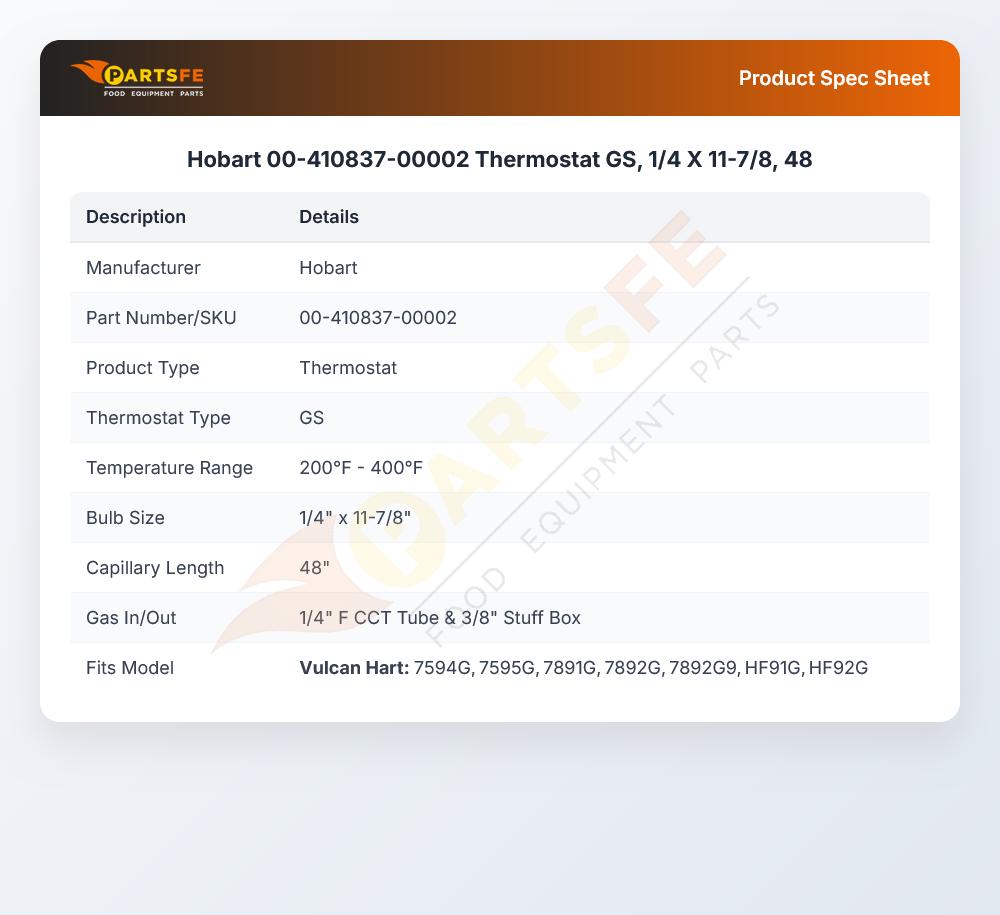 Hobart 00-410837-00002 Thermostat GS 1/4" X 11-7/8" 48"