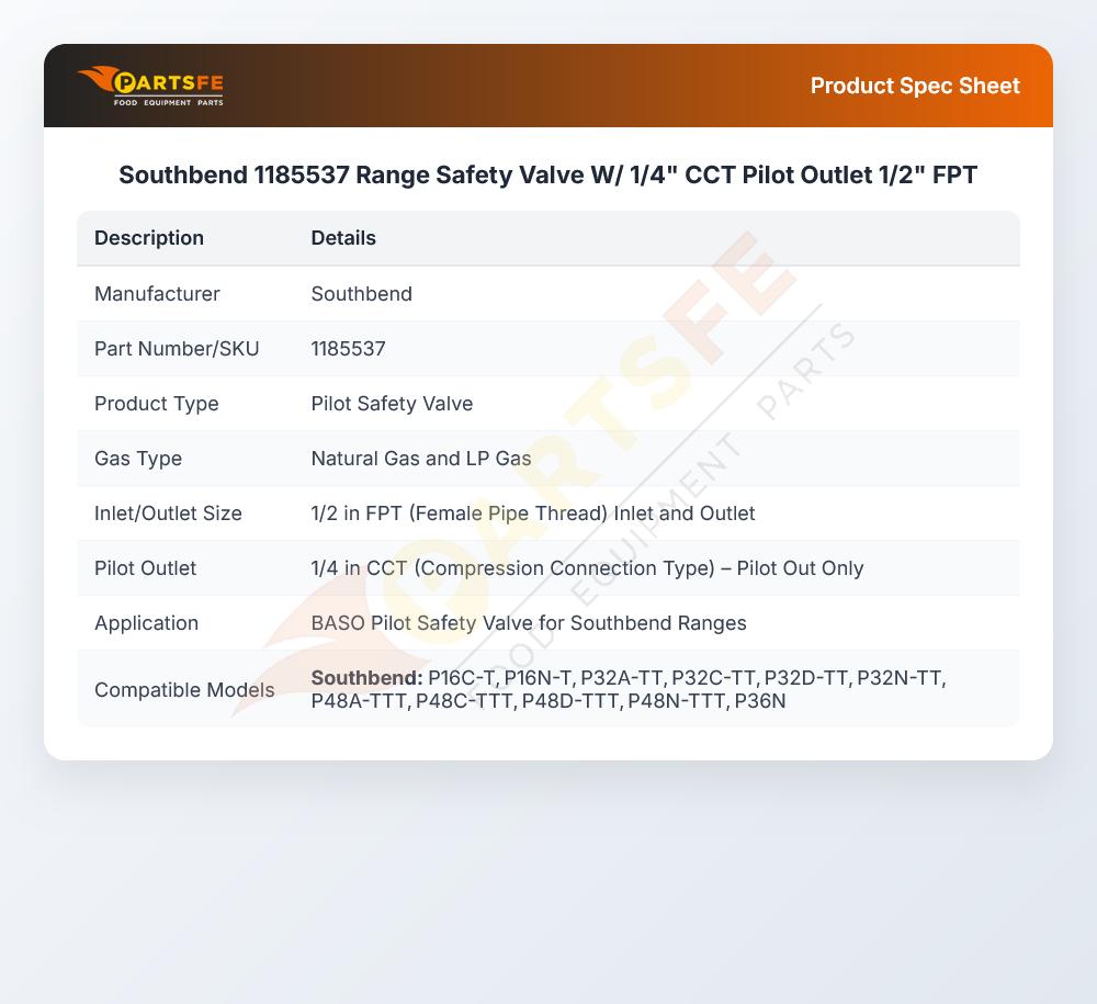 Southbend 1185537 Range Safety Valve W/ 1/4" CCT Pilot Outlet 1/2" FPT