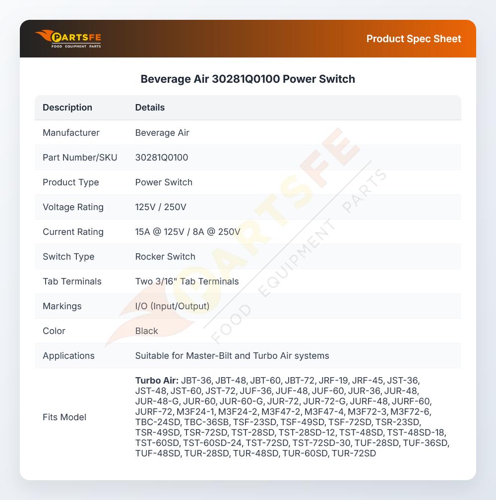 Beverage Air 30281Q0100 Power Switch