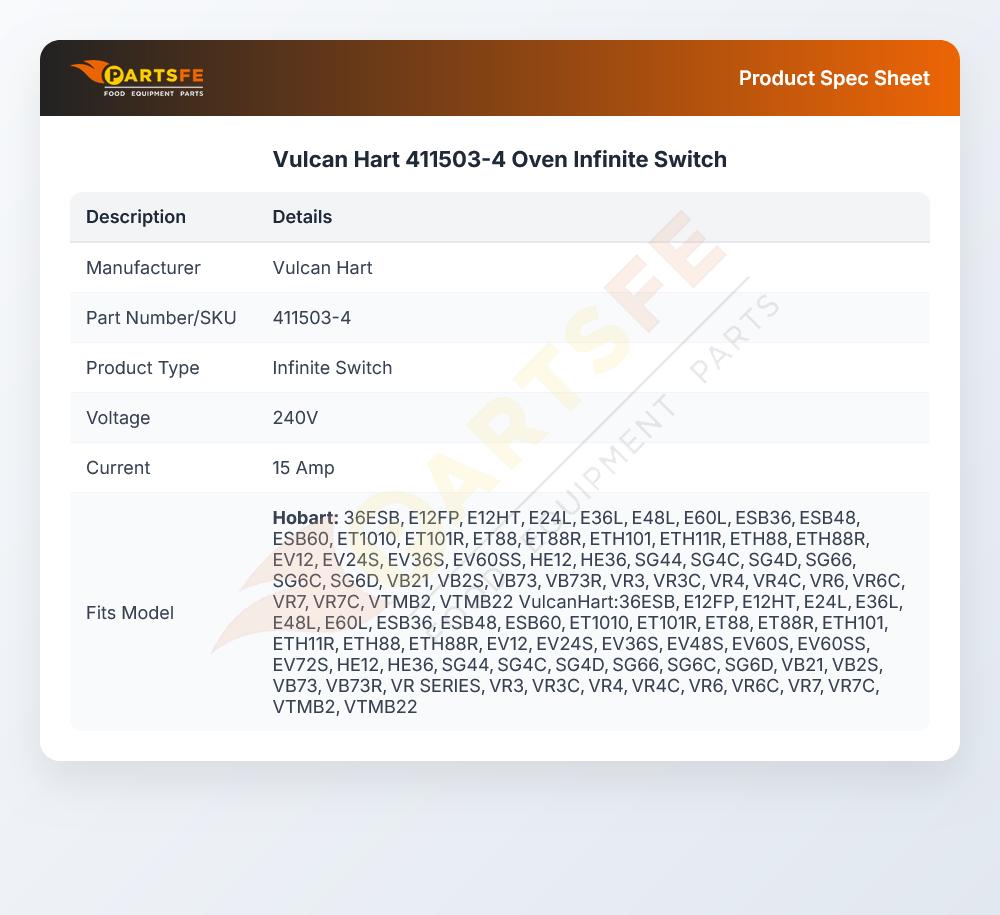 Vulcan Hart 411503-4 Oven Infinite Switch