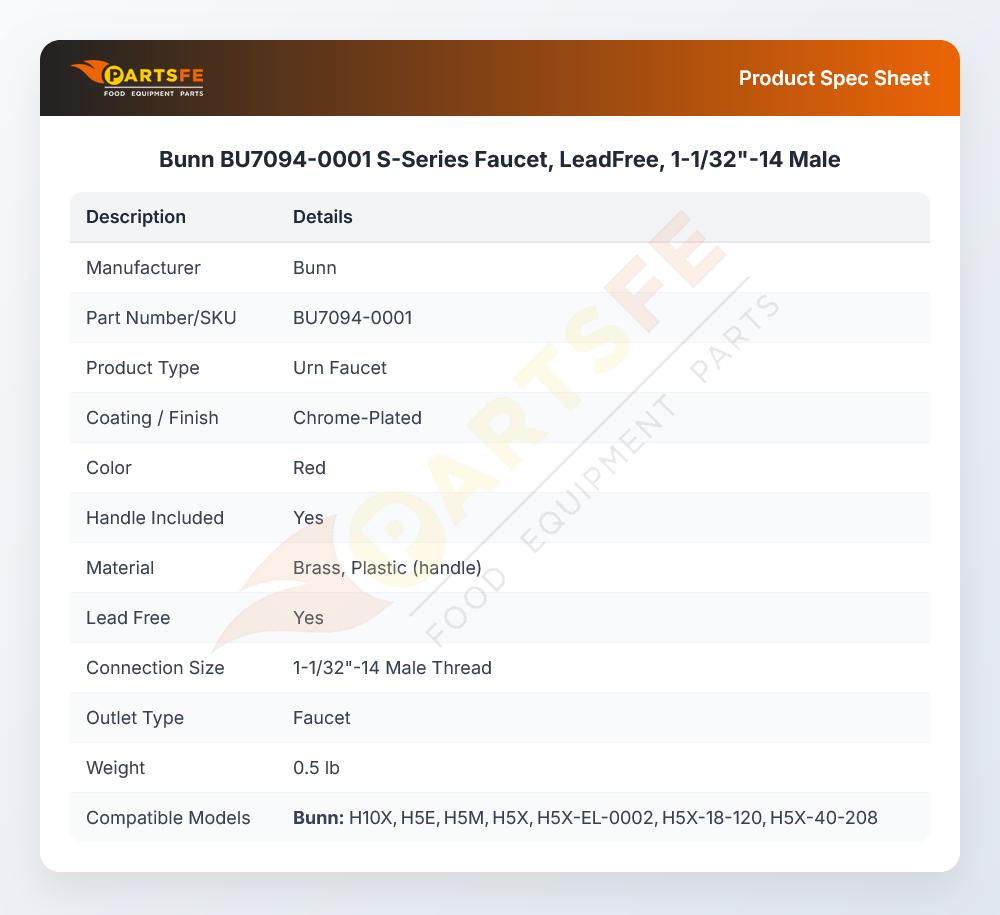 Bunn BU7094-0001 S-Series Faucet, LeadFree, 1-1/32"-14 Male