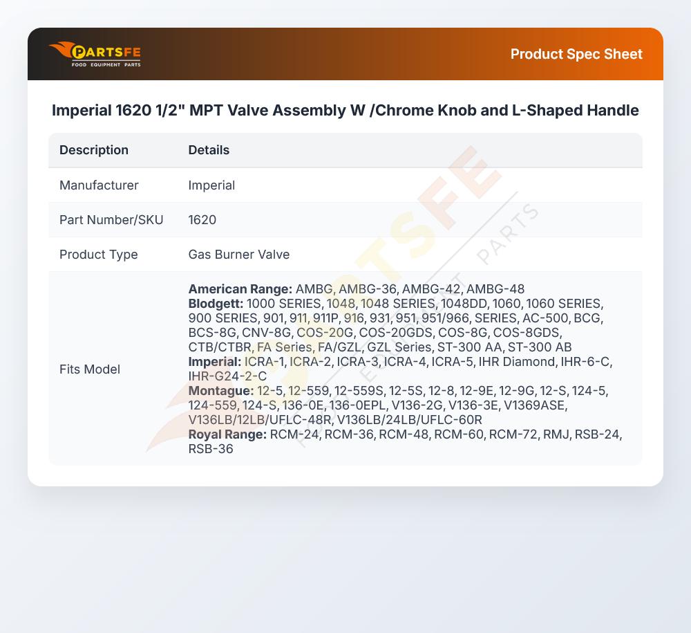 Imperial 1620 1/2" MPT Valve Assembly W /Chrome Knob and L-Shaped Handle
