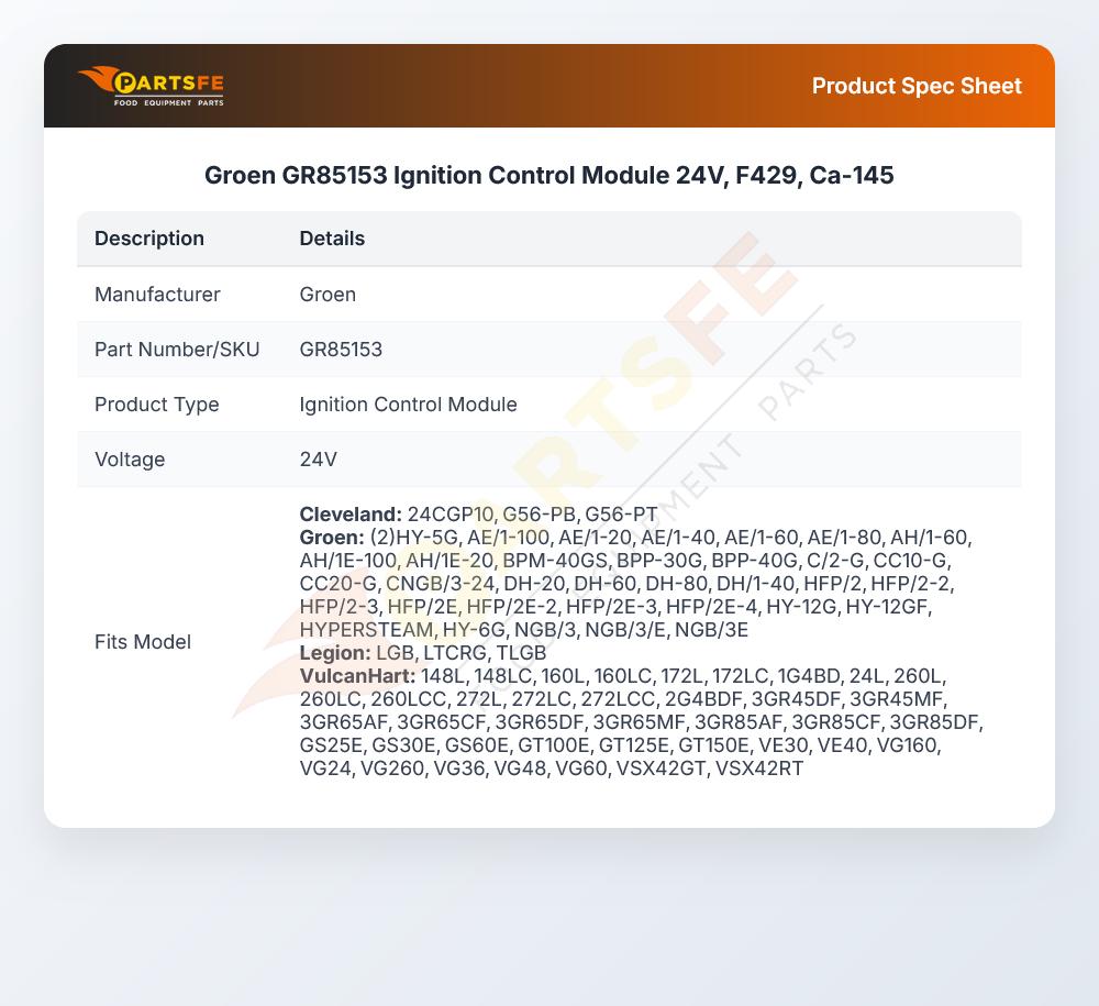 Groen GR85153 Convection Steamer Ignition Control Module 24V F429 CA-145