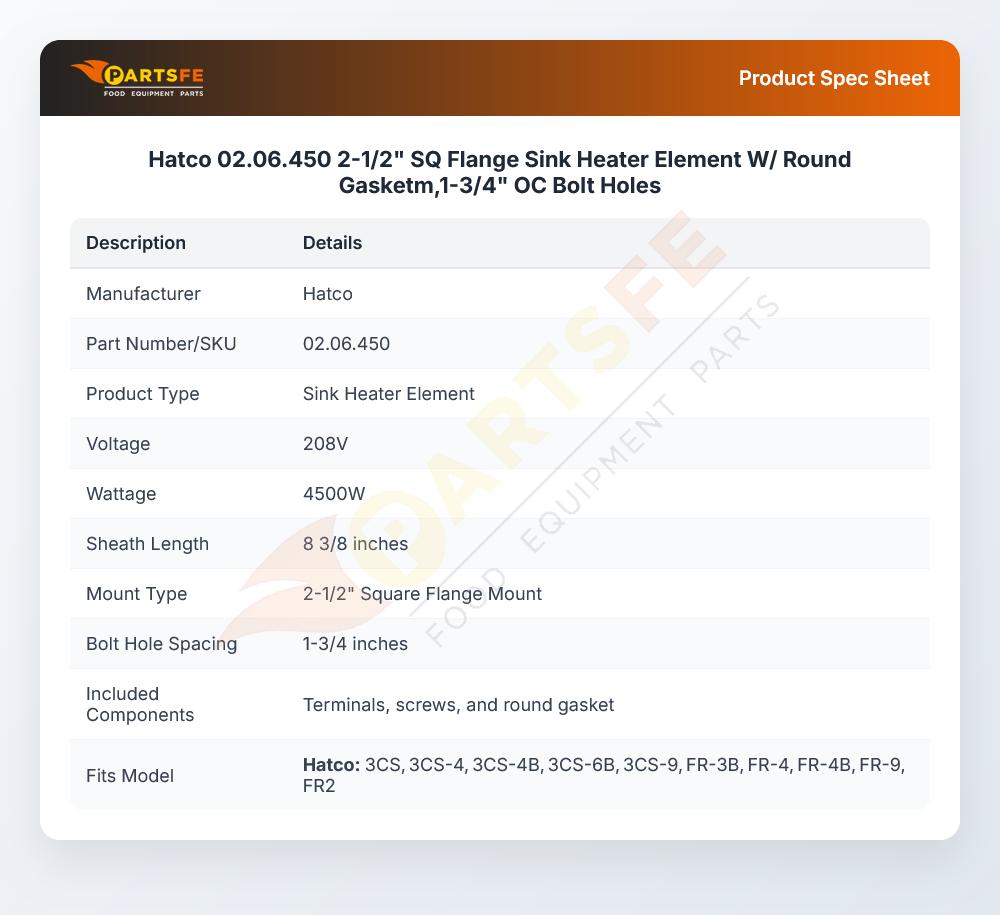 Hatco 02.06.450 2-1/2" SQ Flange Sink Heater Element W/ Round Gasketm,1-3/4" OC Bolt Holes