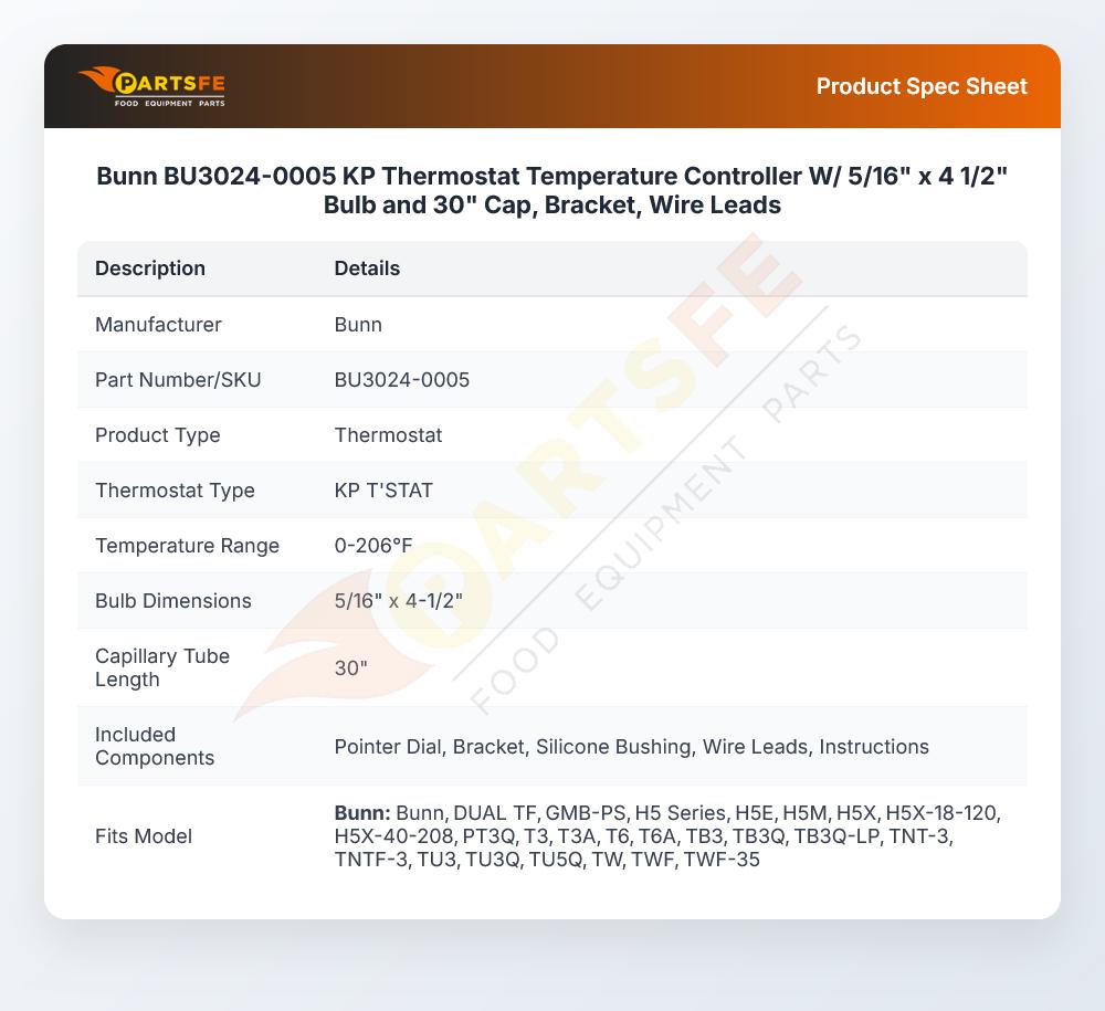 Bunn BU3024-0005 KP Thermostat Temperature Controller W/ 5/16" x 4 1/2" Bulb and 30" Cap, Bracket, Wire Leads