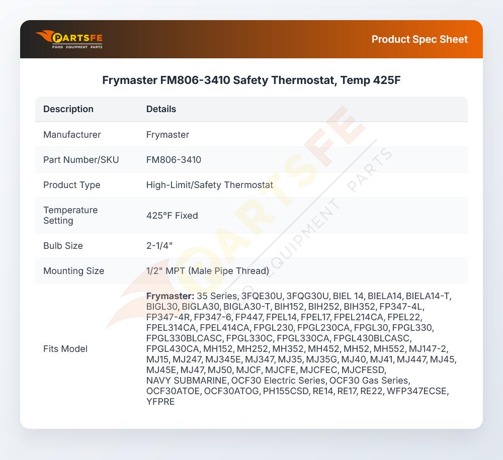 Frymaster FM806-3410 Fryer Safety Thermostat 425&deg;F