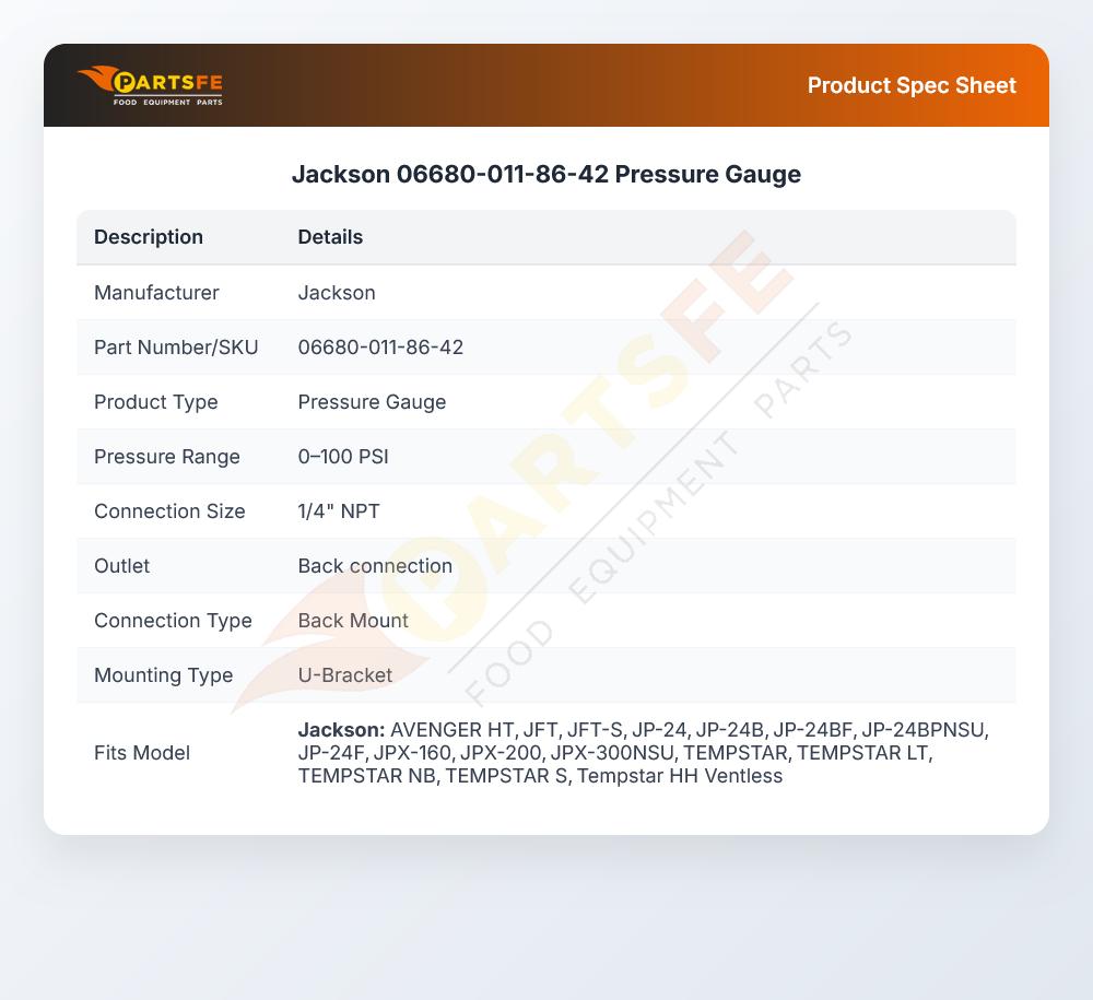 Jackson 06680-011-86-42 Dishmachine Pressure Gauge