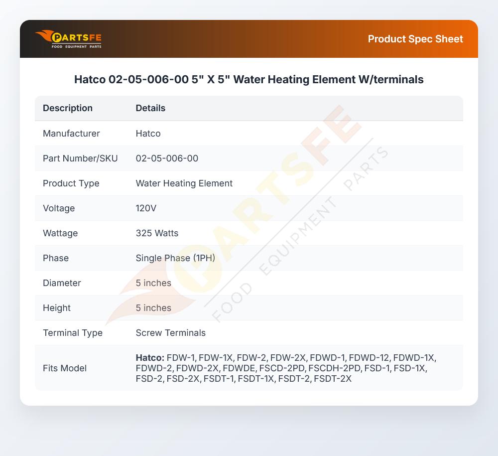 Hatco 02-05-006-00 5" X 5" Water Heating Element W/terminals