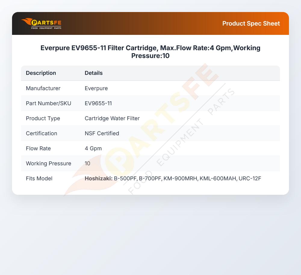 Everpure EV9655-11 Filter Cartridge Max Flow Rate 4 Gpm Working Pressure 10
