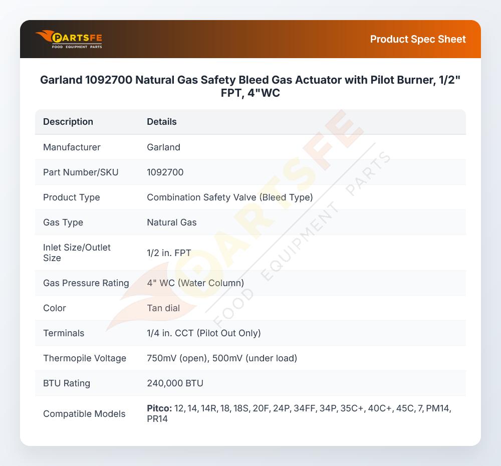 Garland 1092700 Natural Gas Safety Bleed Gas Actuator W/Pilot Burner 1/2" FPT 4"WC