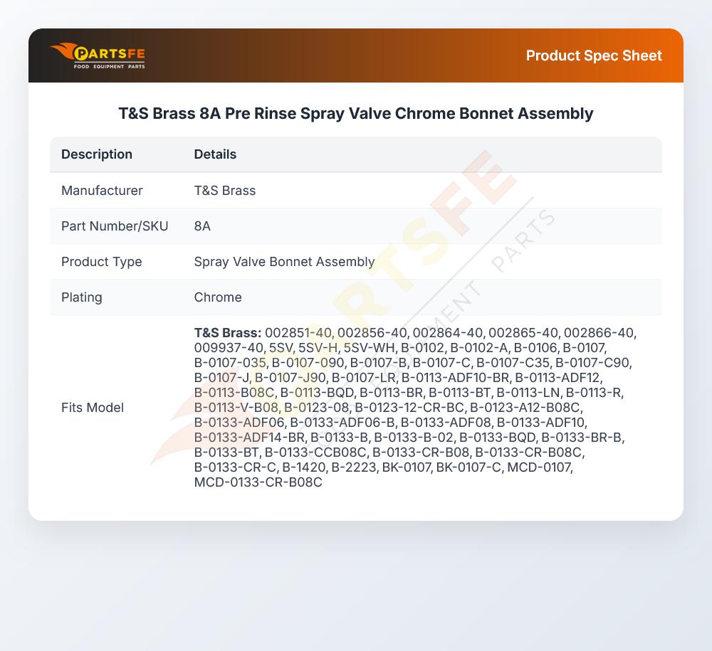 T&S Brass 8A Pre Rinse Spray Valve Chrome Bonnet  Assembly