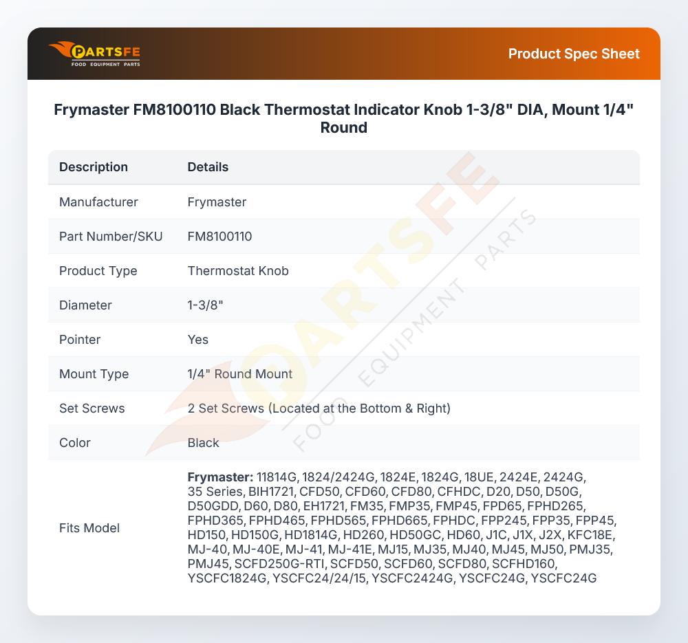 Frymaster FM8100110 Black Thermostat Indicator Knob 1-3/8" DIA, Mount 1/4" Round