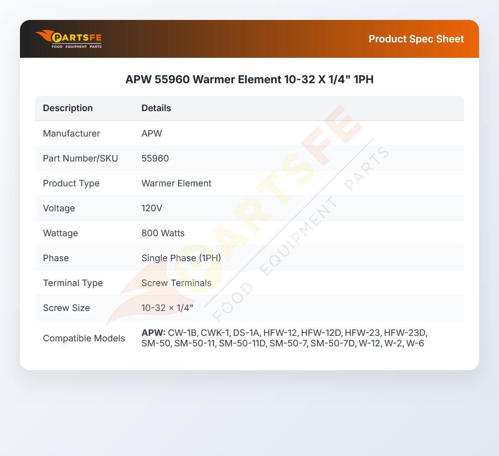 APW 55960 Warmer Element 10-32 X 1/4" 1PH