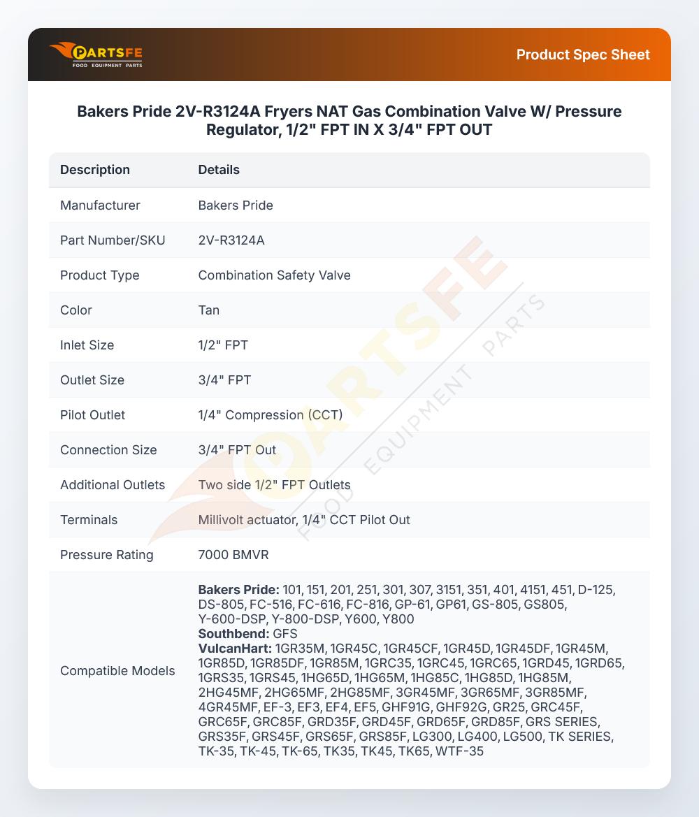 Bakers Pride 2V-R3124A Pizza Oven Gas Control Valve