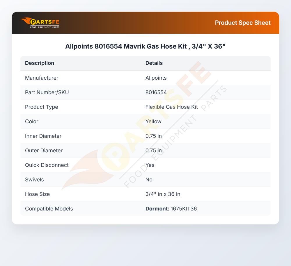 Allpoints 8016554 Mavrik Gas Hose Kit , 3/4" X 36"