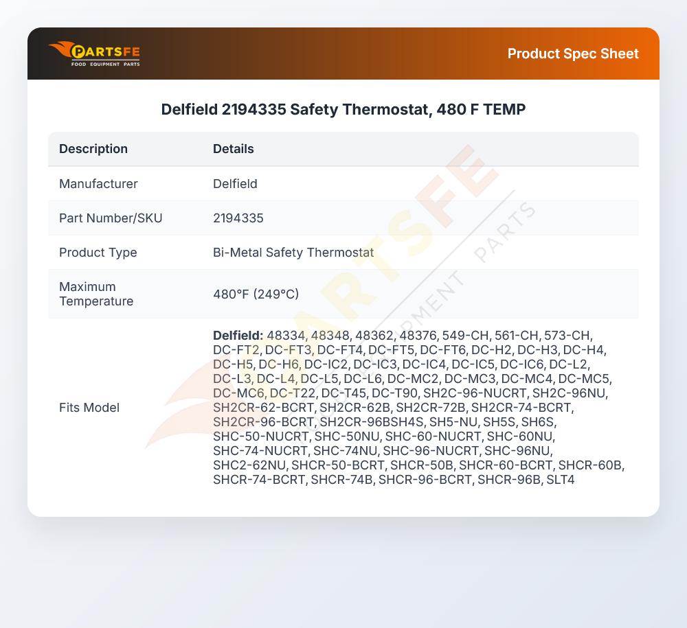 Delfield 2194335 Non Adjustable Thermostat 480&deg;F