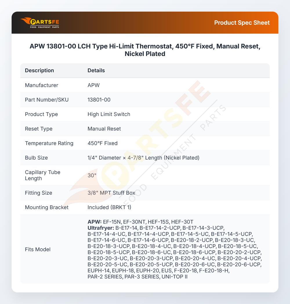APW 13801-00 Fryer Hi-Limit Safety Thermostat W/Manual Reset 450&deg;F Fixed LCH