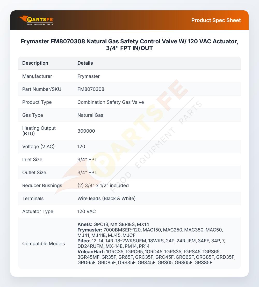 Frymaster FM8070308 Gas Control 120V 60Hz
