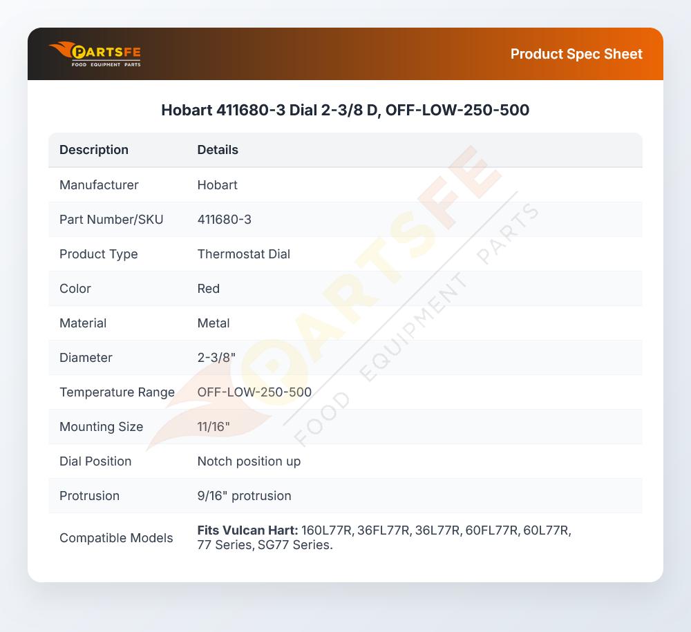 Hobart 411680-3 Dial 2-3/8 D, OFF-LOW-250-500