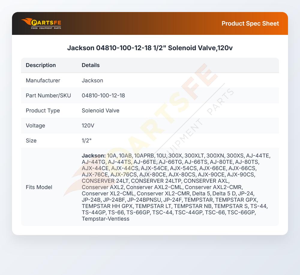 Jackson 04810-100-12-18 Dishmachine Solenoid Valve 1/2" 120V