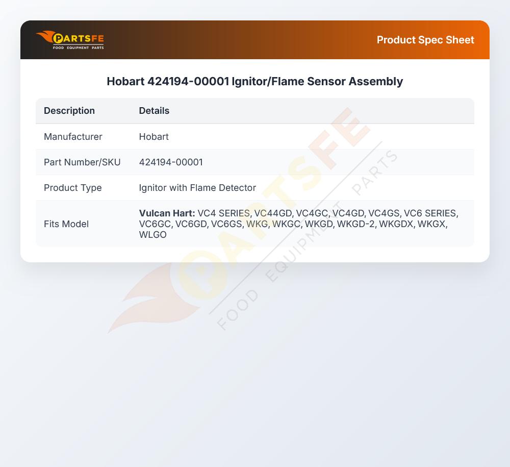 Hobart 424194-00001 Oven Ignitor/Flame Sensor Assembly