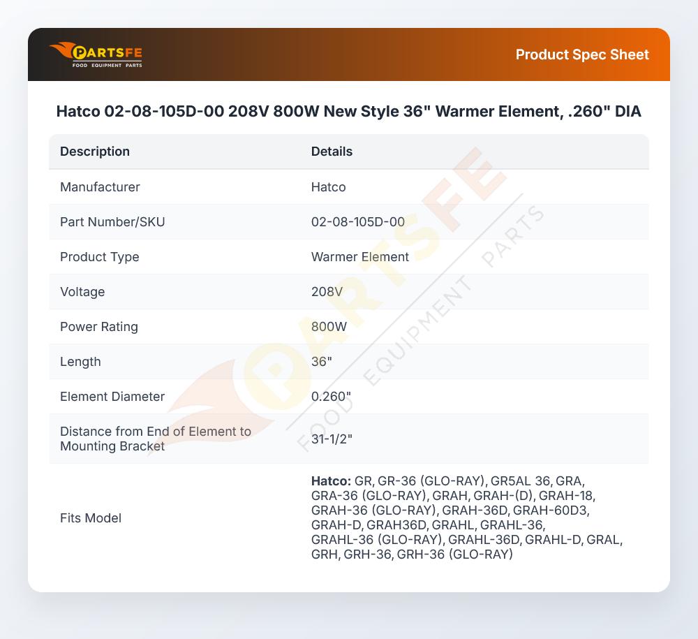 Hatco 02-08-105D-00 208V 800W New Style 36" Warmer Element, .260" DIA