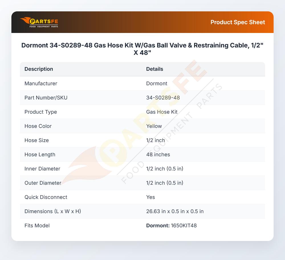 Dormont 34-S0289-48 Gas Hose Kit W/Gas Ball Valve 1/2" X 48"