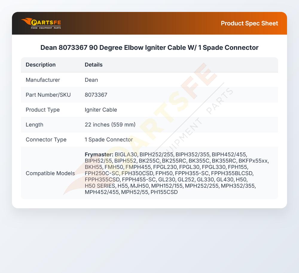 Dean 8073367 90 Degree Elbow Igniter Cable W/ 1 Spade Connector
