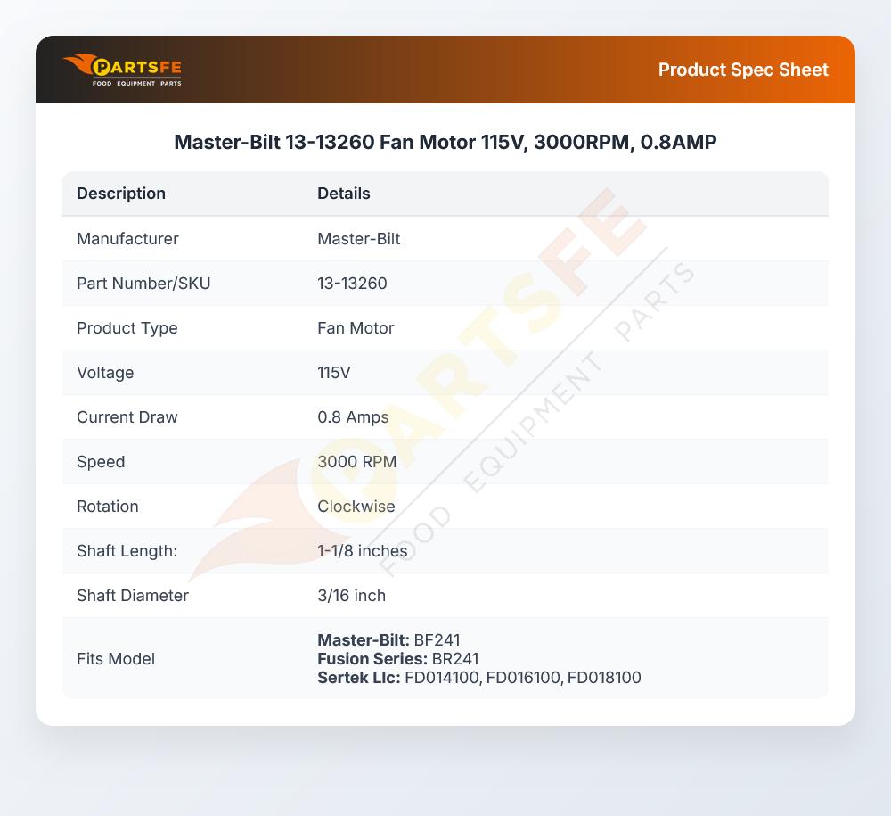 Master-Bilt 13-13260 Fan Motor 3000RPM 0.8AMP 115V