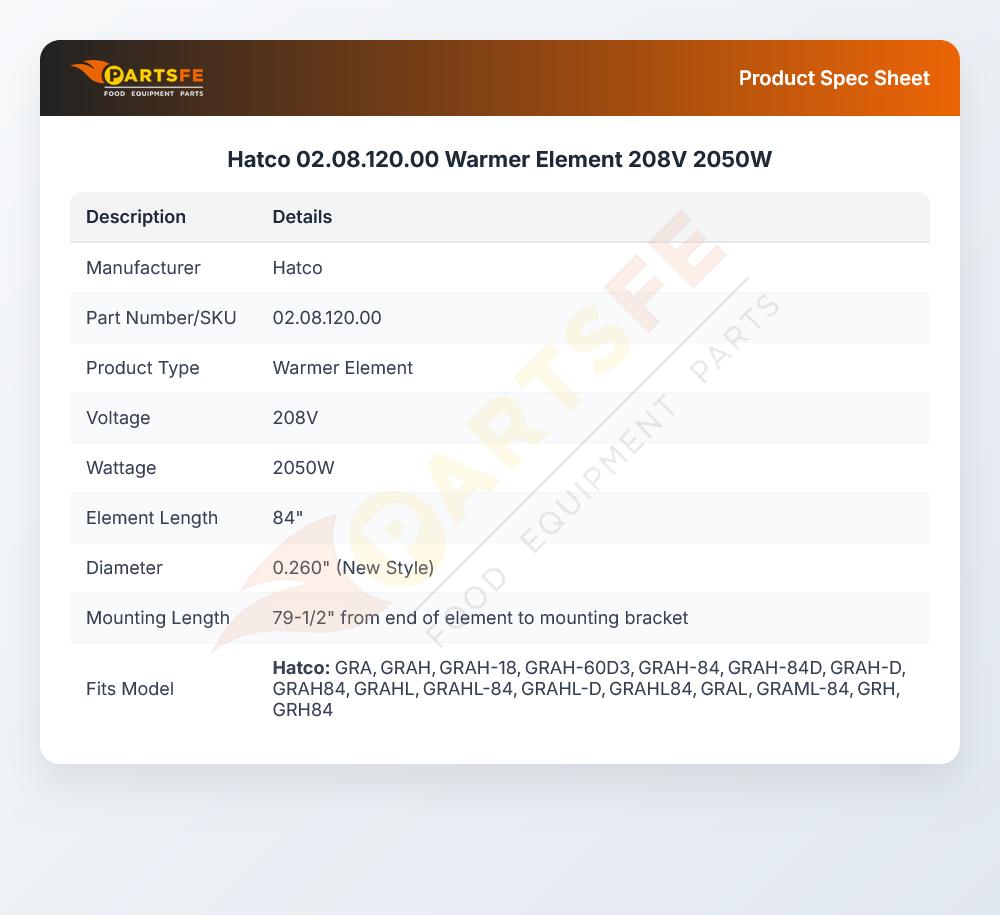 Hatco 02.08.120.00 Warmer Element 208V 2050W