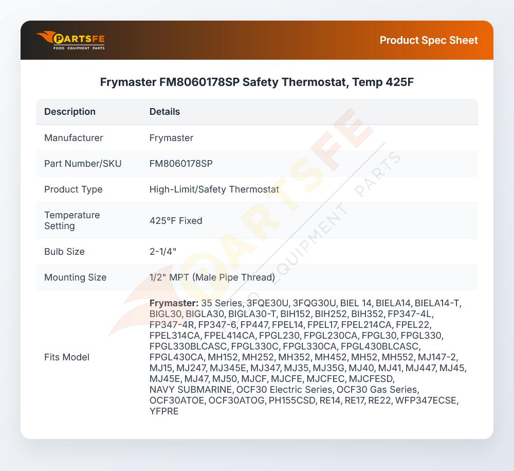 Frymaster FM8060178SP Fryer Safety Thermostat 425&deg;F