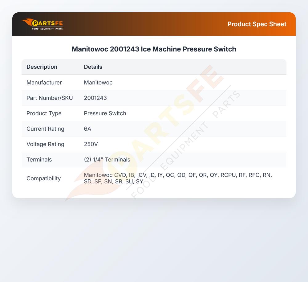 Manitowoc 2001243 Ice Machine Pressure Switch