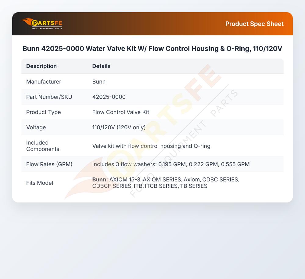 Bunn 42025-0000 Water Valve Kit W/ Flow Control Housing & O-Ring, 110/120V