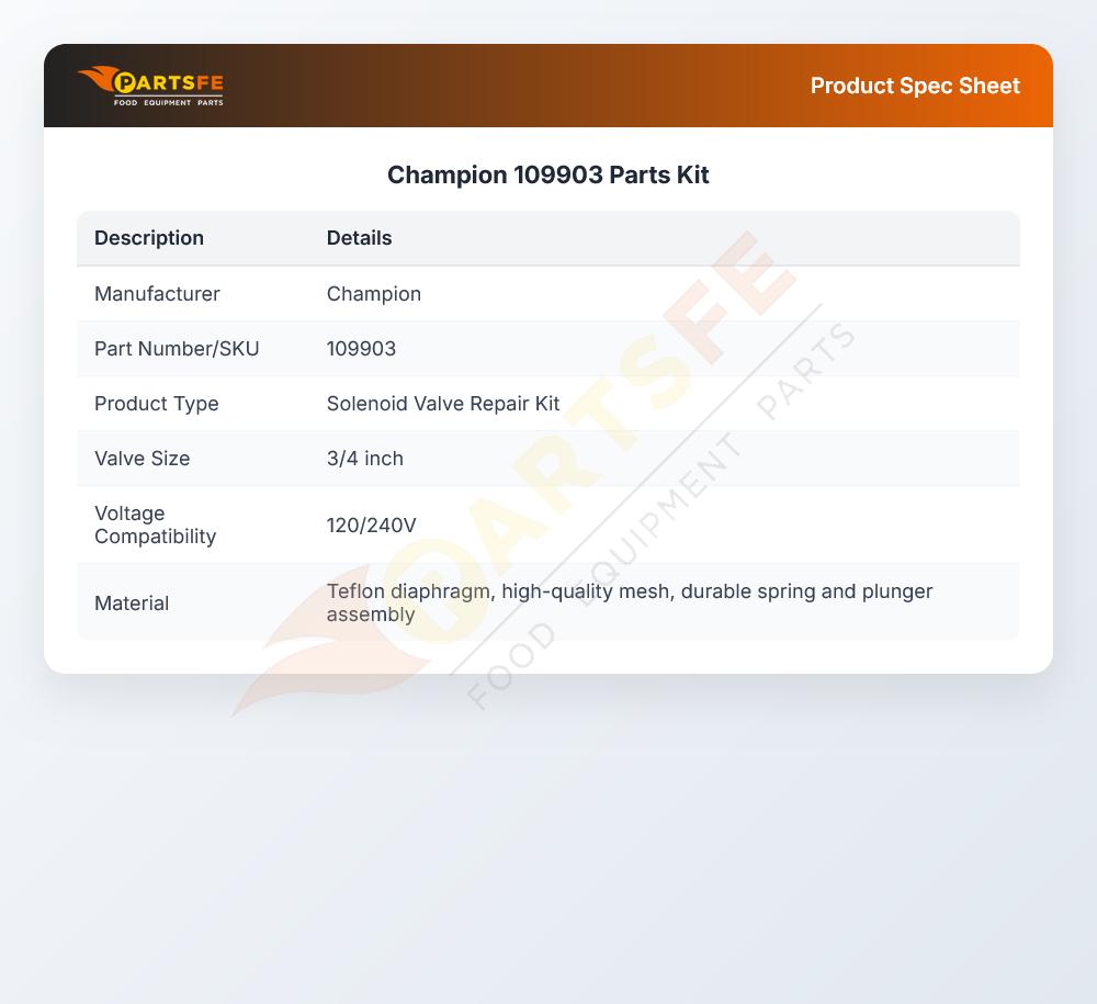 Champion 109903 Dishwasher Solenoid Valve Repair Kit 3/4"
