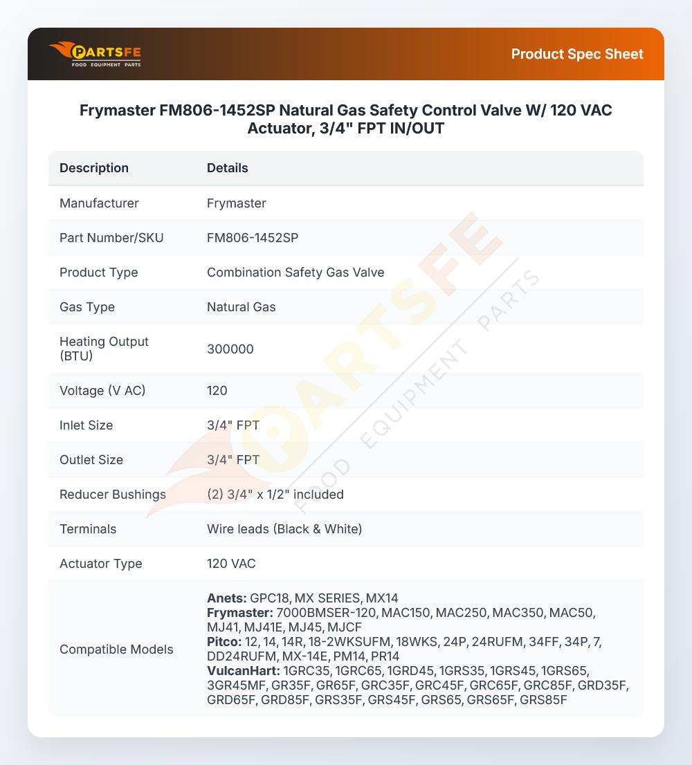 Frymaster FM806-1452SP Gas Control 120V 60Hz
