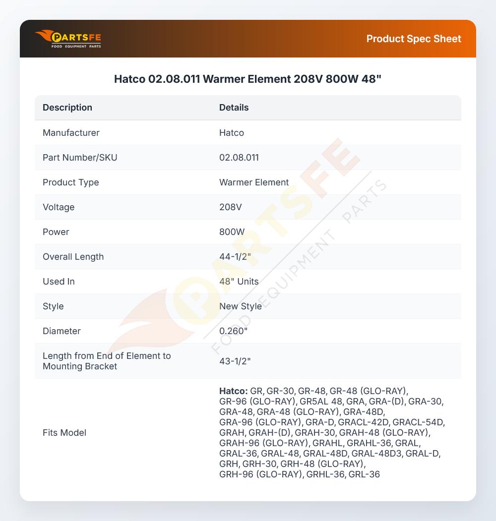 Hatco 02.08.011 Warmer Element 208V 800W 48"