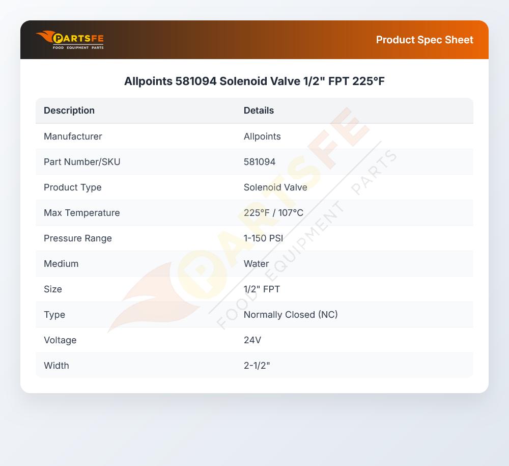 Allpoints 581094 Solenoid Valve 1/2" FPT 225&deg;F