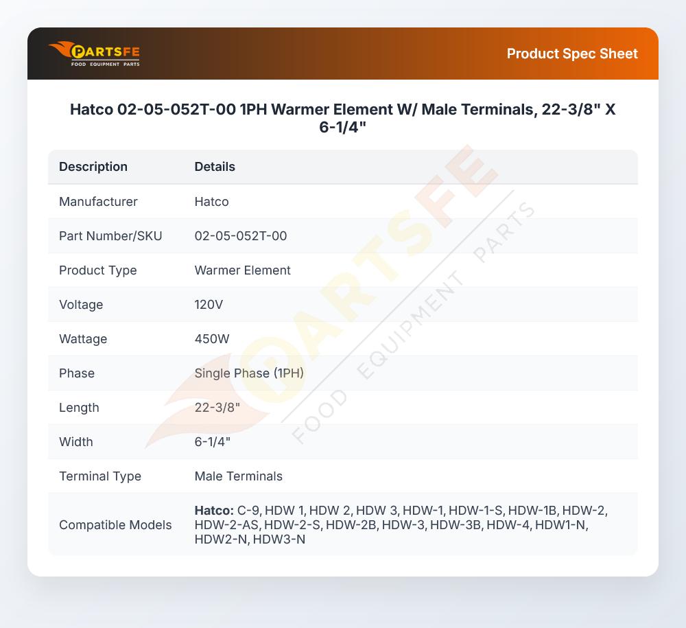 Hatco 02-05-052T-00 1PH Warmer Element W/ Male Terminals, 22-3/8" X 6-1/4"