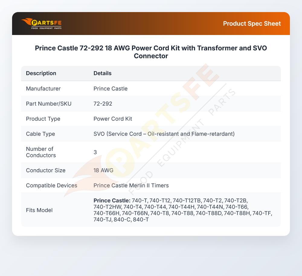 Prince Castle 72-292 Power Cord Kit W/Transformer & SVO 18 AWG